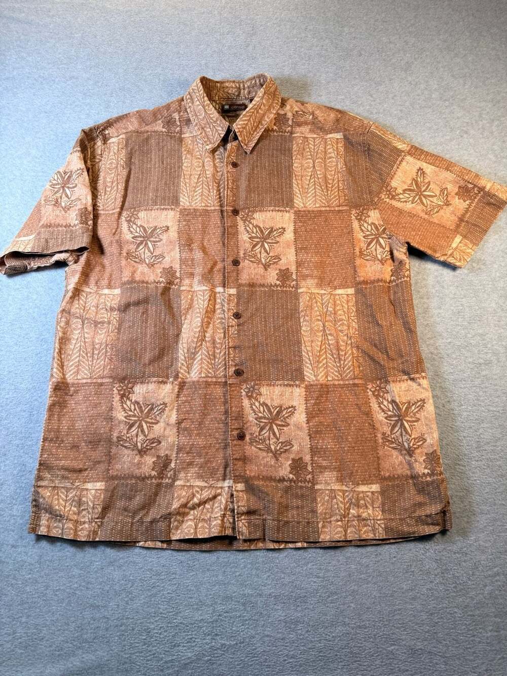 Centro Men's Brown Hawaiian Tropical Floral Short Sleeve Linen Blend Shirt SzL